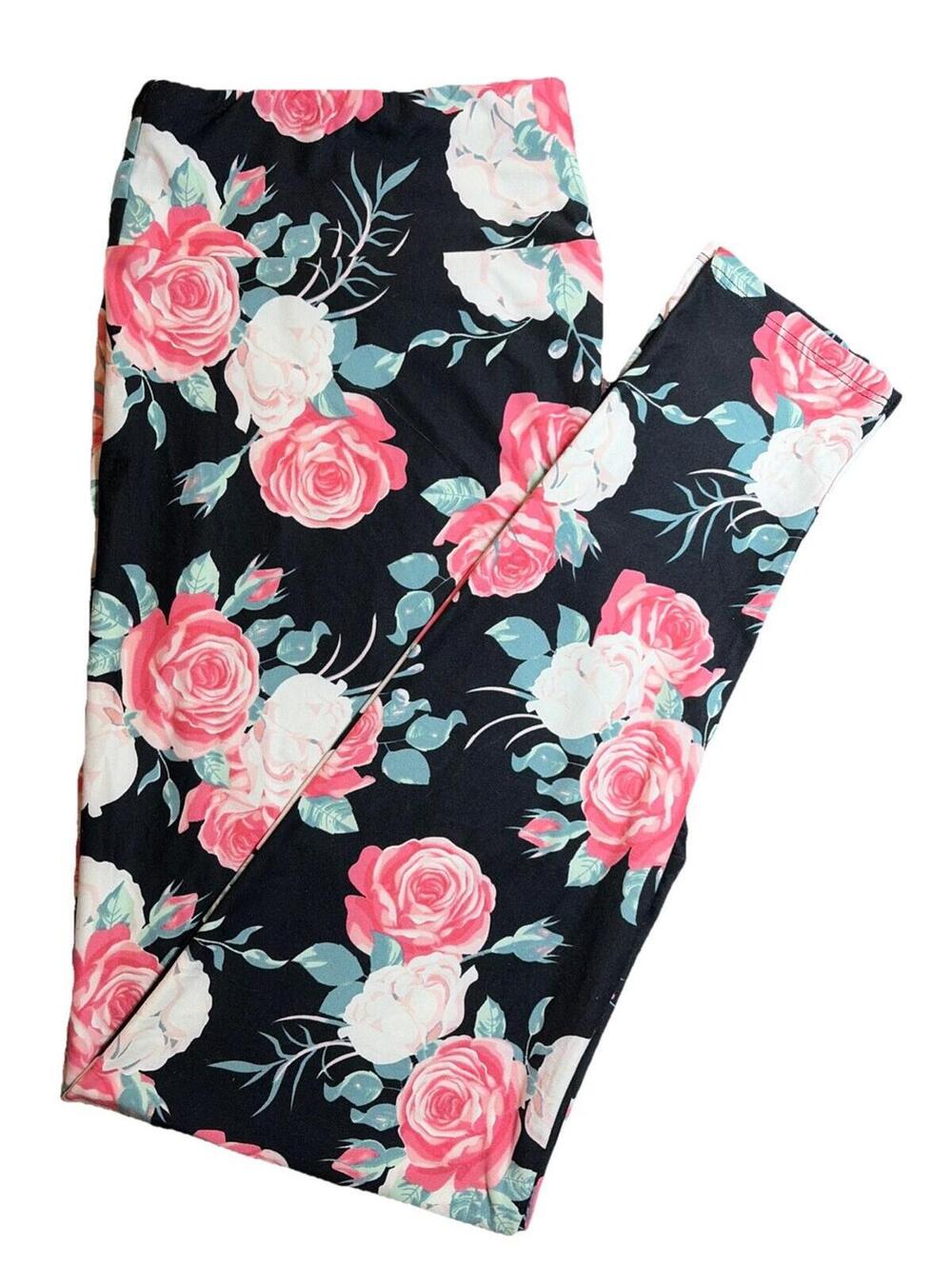 New LuLaRoe TC2 Pink Roses Pattern On Black Background Leggings Size (20-26)